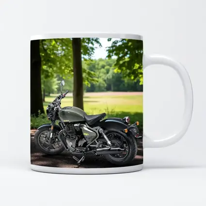 Dark Green Cruiser Motorcycle Parked Forest Setting