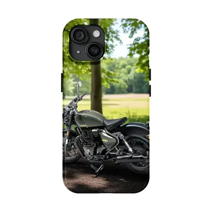 Dark Green Cruiser Motorcycle Parked Forest Setting