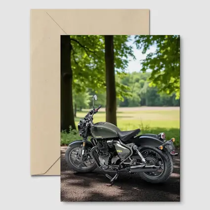 Dark Green Cruiser Motorcycle Parked Forest Setting