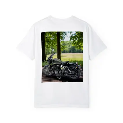 Dark Green Cruiser Motorcycle Parked Forest Setting