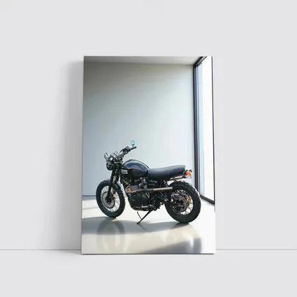Black Triumph Scrambler Motorcycle Minimal Room