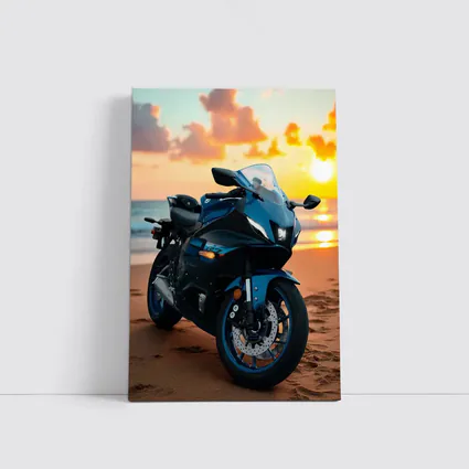 Yamaha Sport Bike Parked on Beach Sunset