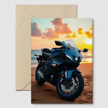Yamaha Sport Bike Parked on Beach Sunset