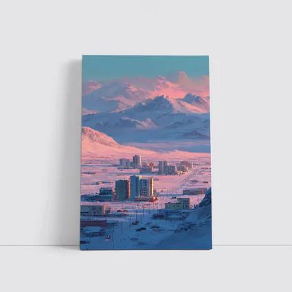 Arctic City Snow Mountains Pink Sky