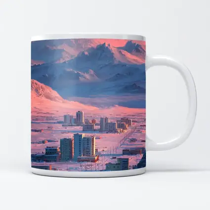 Arctic City Snow Mountains Pink Sky
