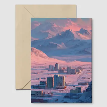 Arctic City Snow Mountains Pink Sky