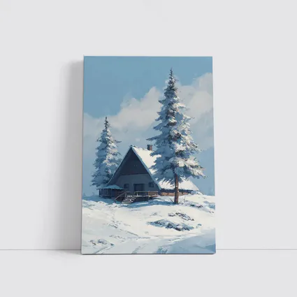 Snow Covered Cabin Winter Forest Blue Sky