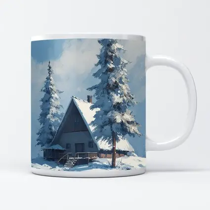 Snow Covered Cabin Winter Forest Blue Sky