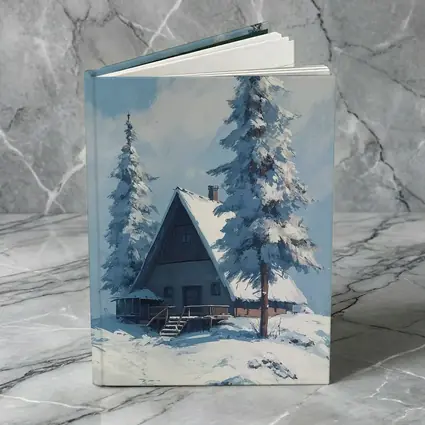 Snow Covered Cabin Winter Forest Blue Sky
