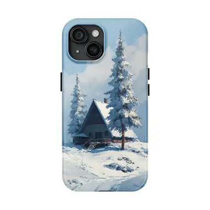 Snow Covered Cabin Winter Forest Blue Sky