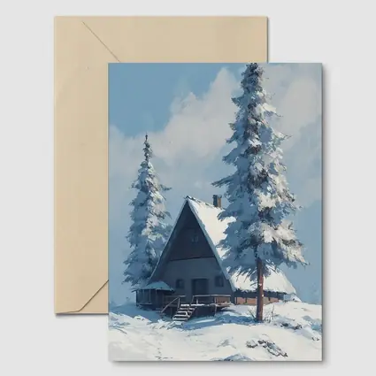 Snow Covered Cabin Winter Forest Blue Sky