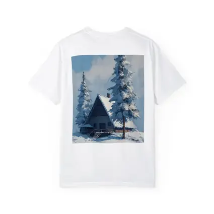 Snow Covered Cabin Winter Forest Blue Sky