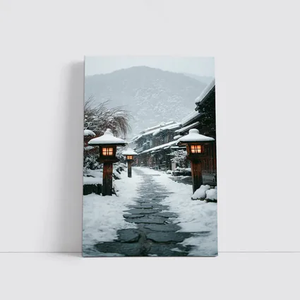 Snowy Japanese Village Street Glowing Lanterns