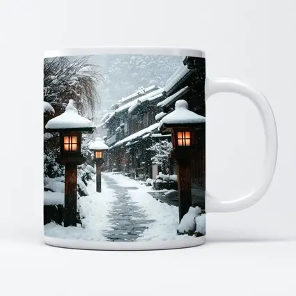 Snowy Japanese Village Street Glowing Lanterns