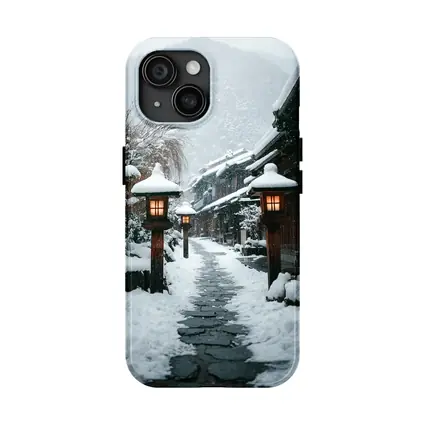 Snowy Japanese Village Street Glowing Lanterns