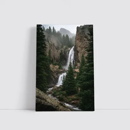 Mountain Waterfall Rocky Cliff Pine Forest