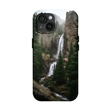 Mountain Waterfall Rocky Cliff Pine Forest