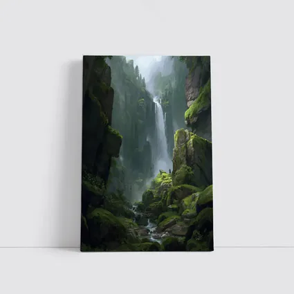 Fantasy Waterfall Gorge Mossy Cliff Figure