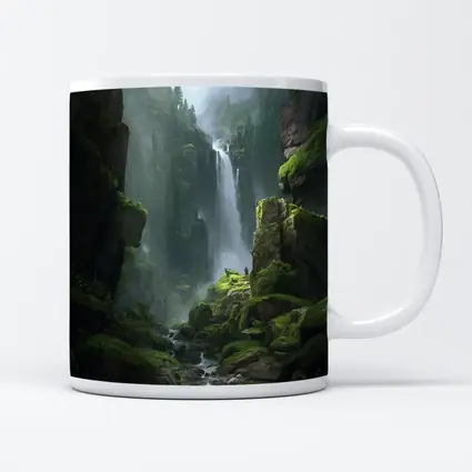 Fantasy Waterfall Gorge Mossy Cliff Figure