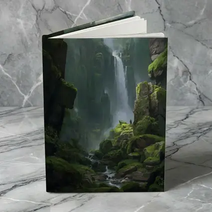 Fantasy Waterfall Gorge Mossy Cliff Figure