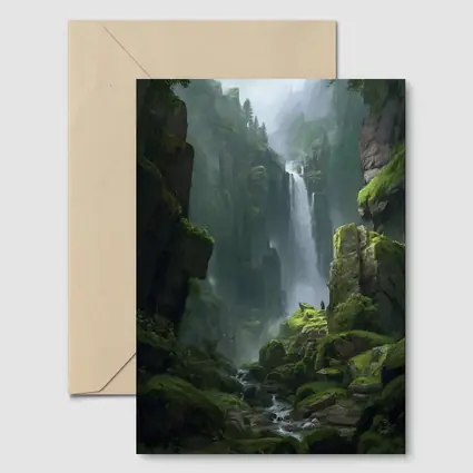 Fantasy Waterfall Gorge Mossy Cliff Figure