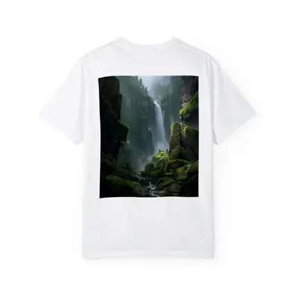 Fantasy Waterfall Gorge Mossy Cliff Figure