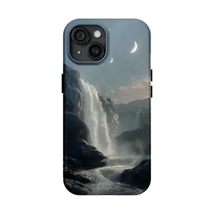 Waterfall Flowing Under Moonlit Night Sky