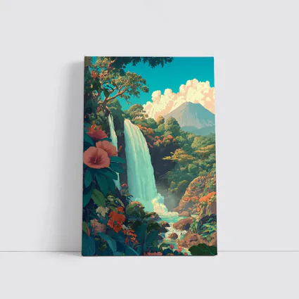 Tropical Waterfall Jungle Mountain Illustration Art