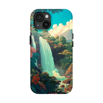 Tropical Waterfall Jungle Mountain Illustration Art