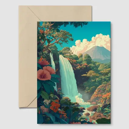 Tropical Waterfall Jungle Mountain Illustration Art
