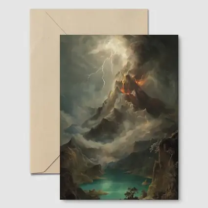 Volcano Lightning Storm Oil Painting Landscape
