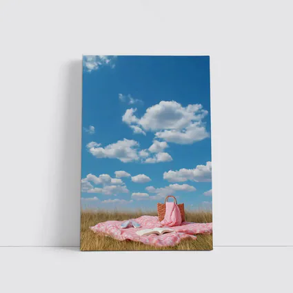 Pink Picnic Blanket Open Field Blue Sky