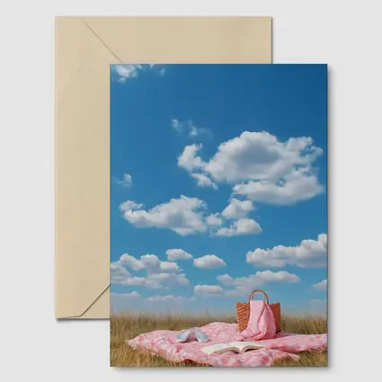 Pink Picnic Blanket Open Field Blue Sky