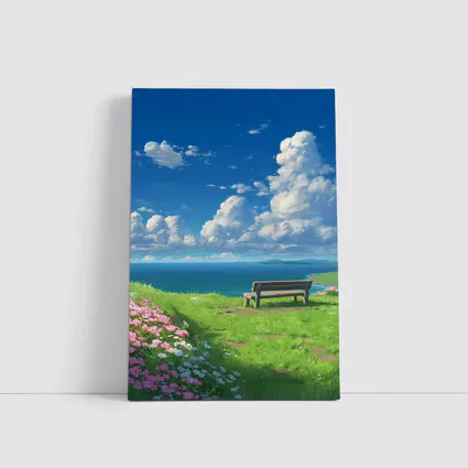 Anime Coastal Bench Scene Blue Sky