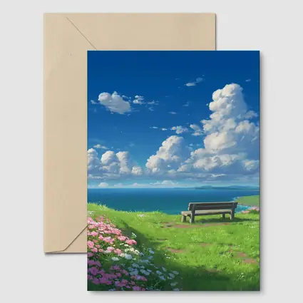 Anime Coastal Bench Scene Blue Sky