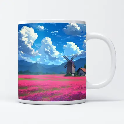 Anime Pink Flower Field Windmill Landscape