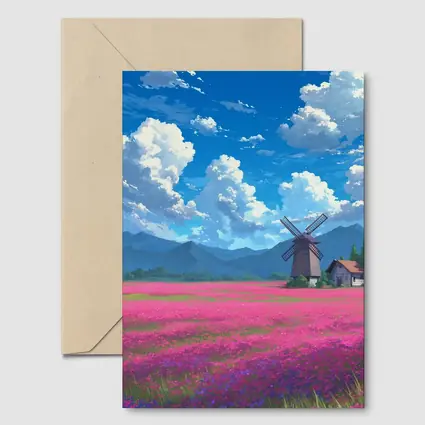 Anime Pink Flower Field Windmill Landscape