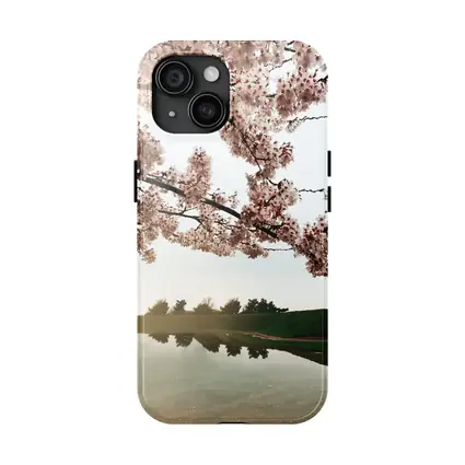 Cherry Blossoms Reflecting On Misty Lake