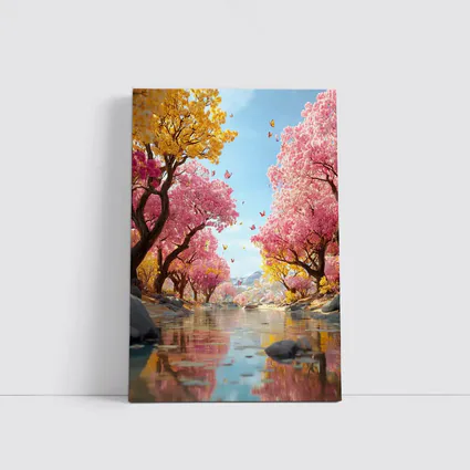 Pink Yellow Blossom Trees River Butterfly Scene