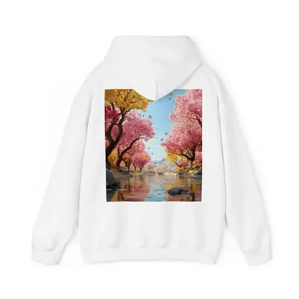 Pink Yellow Blossom Trees River Butterfly Scene