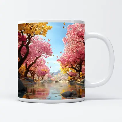 Pink Yellow Blossom Trees River Butterfly Scene