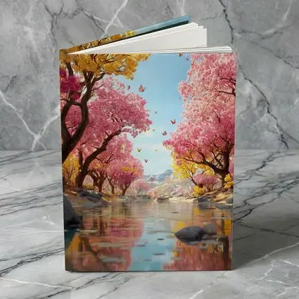 Pink Yellow Blossom Trees River Butterfly Scene
