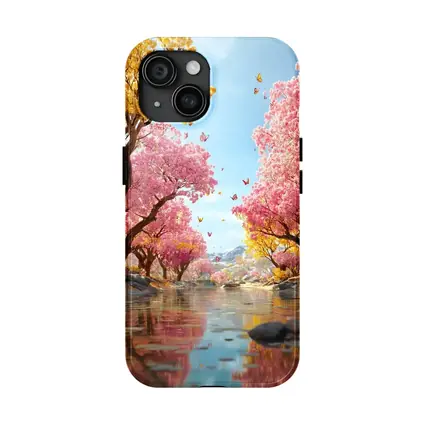 Pink Yellow Blossom Trees River Butterfly Scene