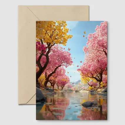 Pink Yellow Blossom Trees River Butterfly Scene