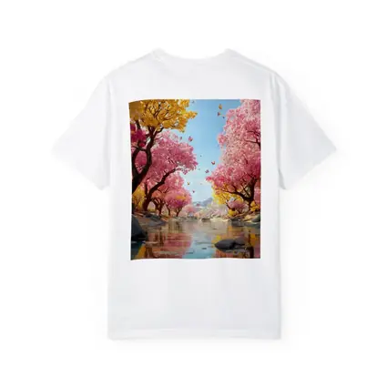 Pink Yellow Blossom Trees River Butterfly Scene
