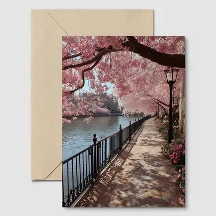 Cherry Blossom Waterfront Walkway Spring Scene