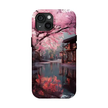 Cherry Blossoms Reflecting Rainy Japanese Street