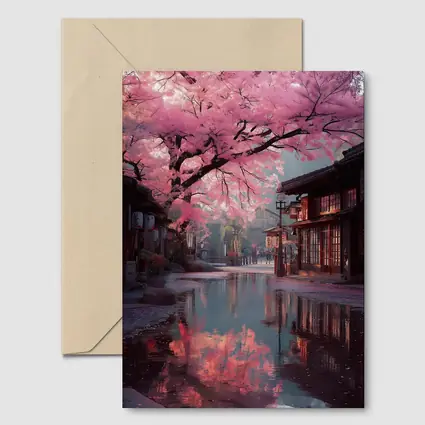 Cherry Blossoms Reflecting Rainy Japanese Street