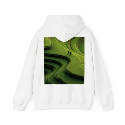 Two Figures Walking Green Rice Field Terraces