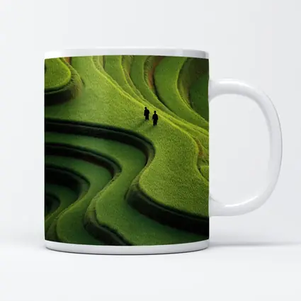 Two Figures Walking Green Rice Field Terraces